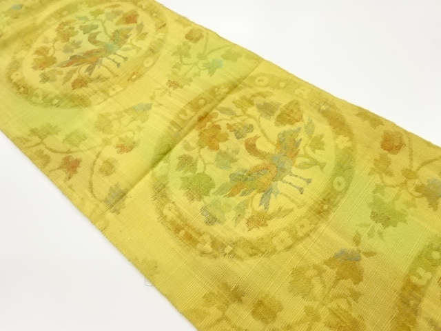 手織り紬丸文に花鳥模様織出し名古屋帯